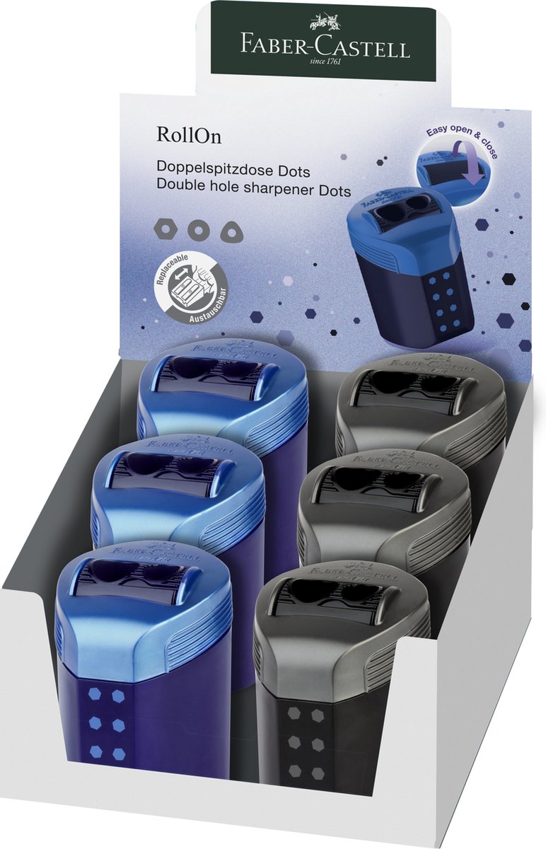 Faber-Castell Bleistiftspitzer – Rollon Sparkle Duo – Display 6 Stück in verschiedenen Farben – FC-183910