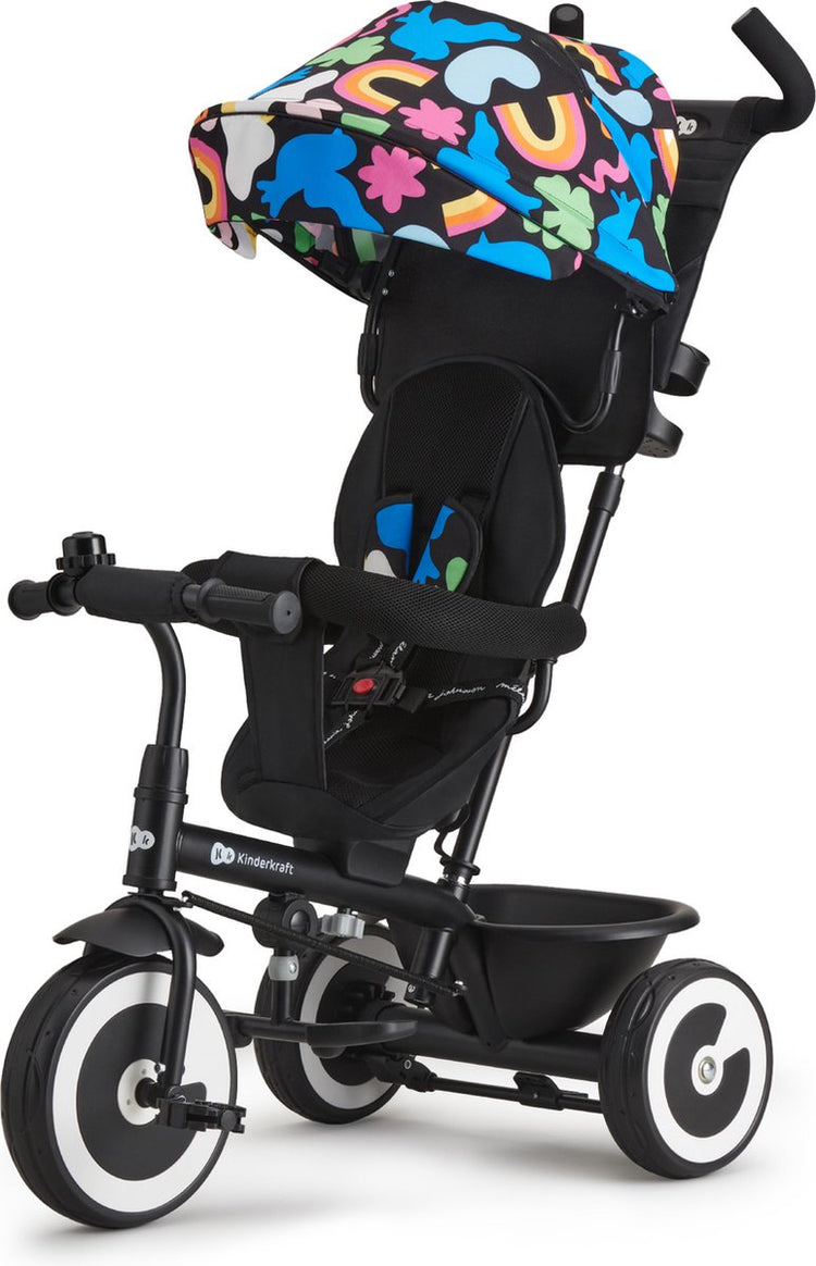 Kinderkraft Aston Dreirad – für 9 Monate bis 5 Jahre – drehbarer Sitz, verstellbare Schiebestange, pannensichere Räder und Sicherheitsgurte – fröhliche Formen