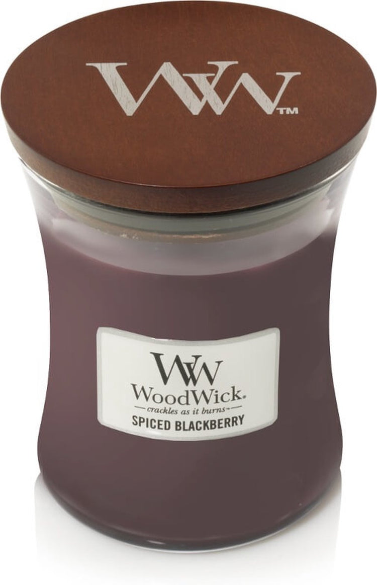 Mittlere Sanduhr-Duftkerze von Woodwick – Gewürzte Brombeere – 60 Brennstunden