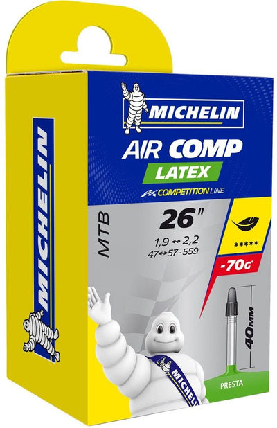 Michelin-Schlauch 26 Zoll – Aircomp-Latex C4 – französisches (Presta-)Ventil – Ventillänge: 40 mm – ETRTO-Größe: 47 57-559