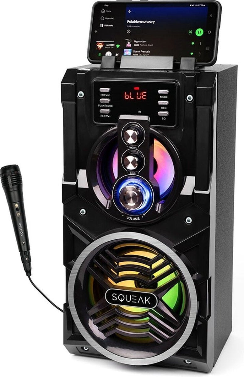 Squeak Beatboxer SQ1000 Bluetooth 5.1 Karaoke-Lautsprecher – Tragbarer Bluetooth-Lautsprecher – UKW-Radio – LED-Beleuchtung – Schwarz