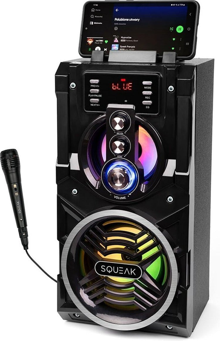 Squeak Beatboxer SQ1000 Bluetooth 5.1 Karaoke-Lautsprecher – Tragbarer Bluetooth-Lautsprecher – UKW-Radio – LED-Beleuchtung – Schwarz