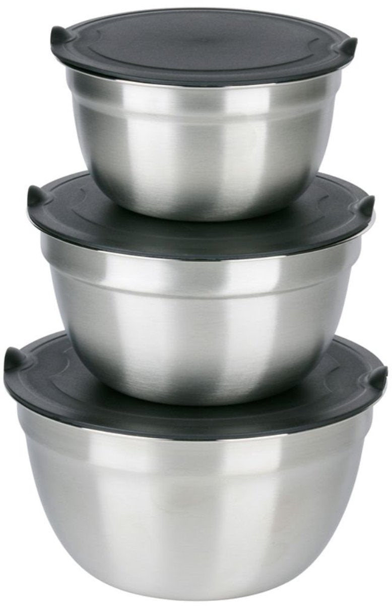 Alpina Edelstahlschüsseln 3-teilig mit Deckel – Salatschüssel für Salate – Rührschüssel mit Deckel – Schüsseln für Rührschüssel und Aufbewahrung – Snackschüssel