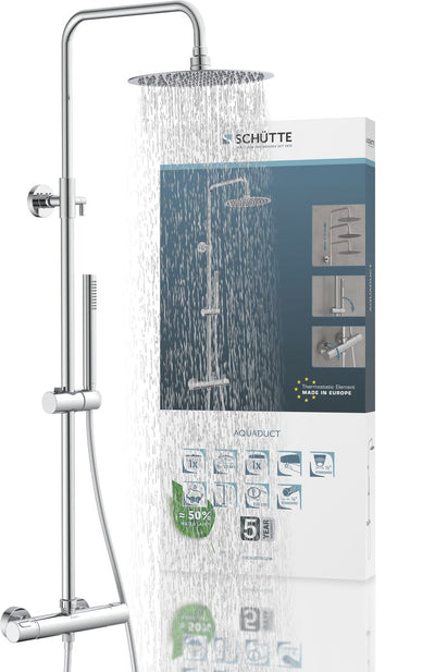 Schütte Aquädukt-Duschsystem – Regenbrause – Stangenlänge 80 – 120 cm – mit Thermostat-Mischbatterie – Chrom