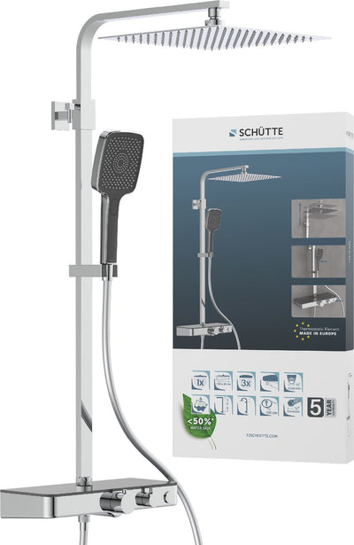Schütte Ocean Duschsystem - Regendusche - mit thermostatischer Duscharmatur - integrierte Glasablage - mit Druckknopf-Umstellung - Achsabstand 150 mm - Chrom Anthrazit