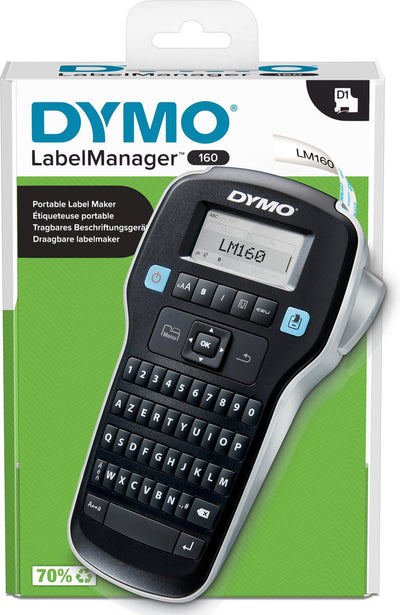 Dymo Label Manager 160 Etikettendrucker | Tragbarer Etikettendrucker mit Azerty-Tastatur | inklusive schwarz-weißem D1-Beschriftungsband (12 mm) | für Zuhause und Büro