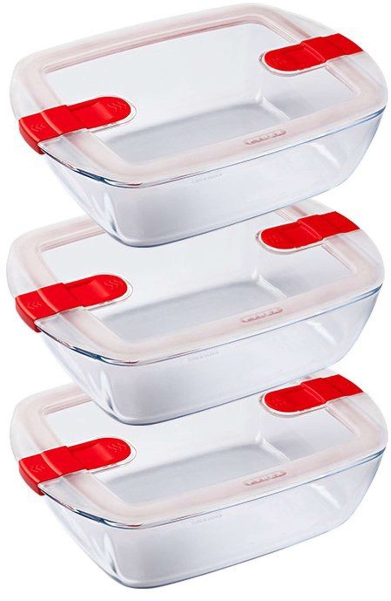 Pyrex – Kochwärmeschüssel 1,1 Liter, rechteckig, 3er-Set – transparentes Rot