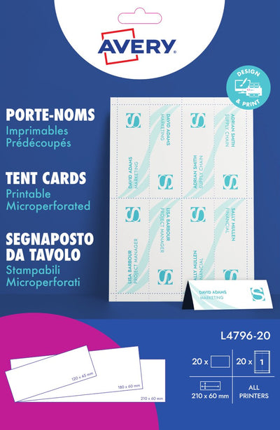 Markenlose Sans-Marque-Avery-Namenskarten zum Ausdrucken, 20 Blatt, 20 Stück (Größe 210 x 60 mm)