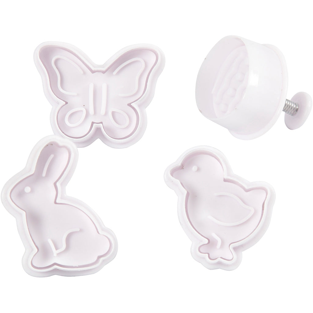 Creativ Company Ausstechformen mit Stempel, Osterei, Hase, Huhn, Schmetterling, H: 5 cm, weiß, 4 Stück 1 Box