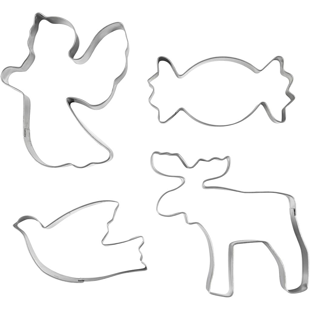 Creativ Company Ausstechformen, Engel, Rentier, Taube, Bonbon, H: 2 cm, Größe 4,5-9 cm, silbermetallic, 4 Stück 1 Box