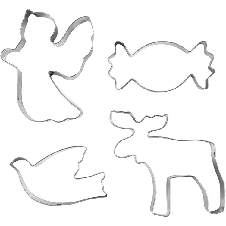 Creativ Company Ausstechformen, Engel, Rentier, Taube, Bonbon, H: 2 cm, Größe 4,5-9 cm, silbermetallic, 4 Stück 1 Box