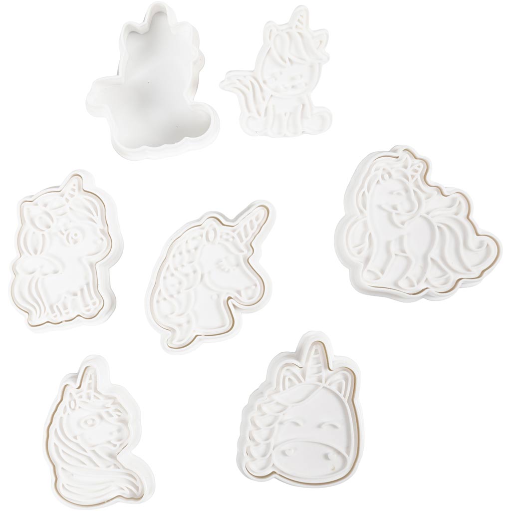 Creativ Company Ausstechformen mit Stempel, Einhorn, Größe 6-7,5 cm, weiß, 6 Stück 1 Box