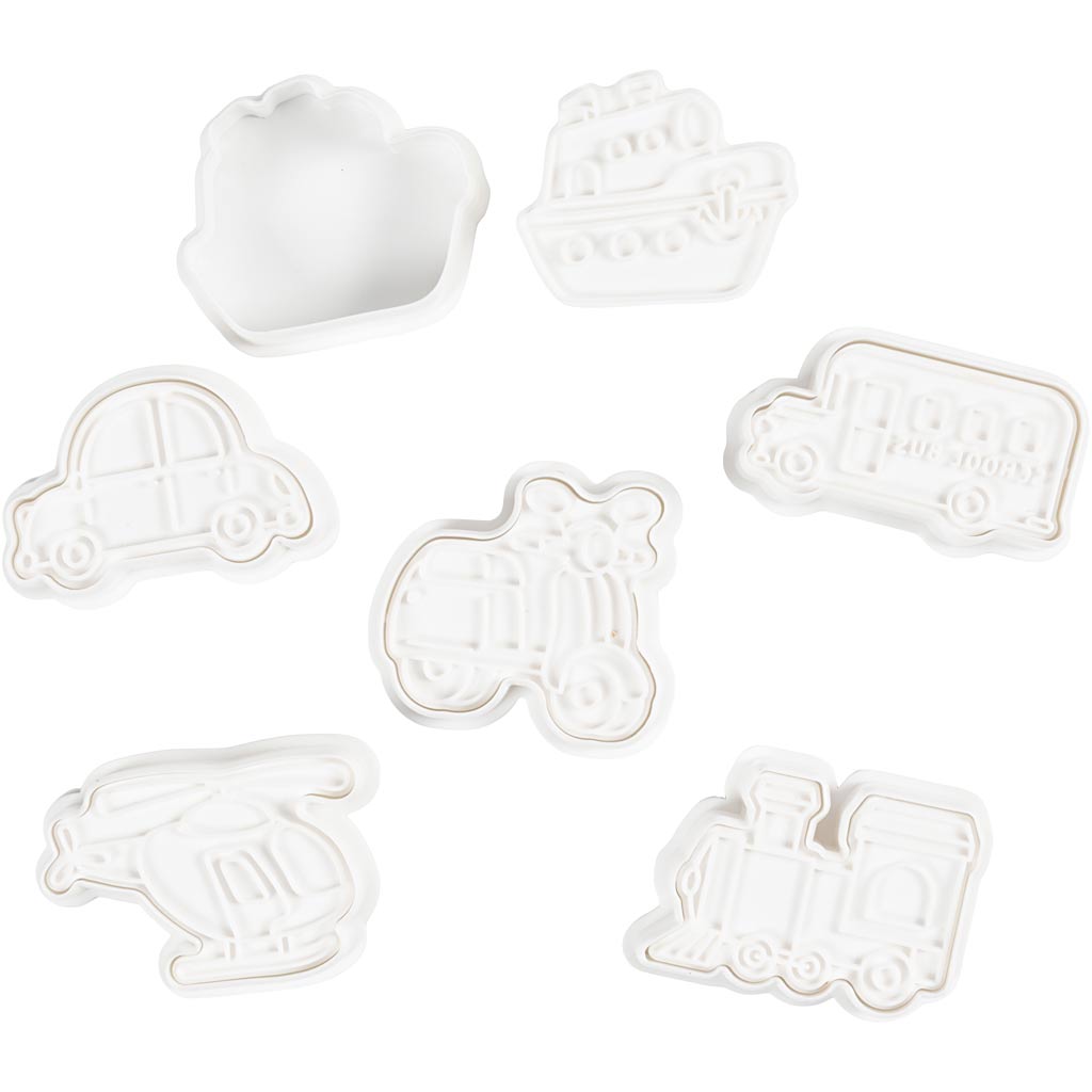 Creativ Company Ausstechformen mit Stempel, Transport, Größe 3,5-5,5 cm, weiß, 6 Stück 1 Box