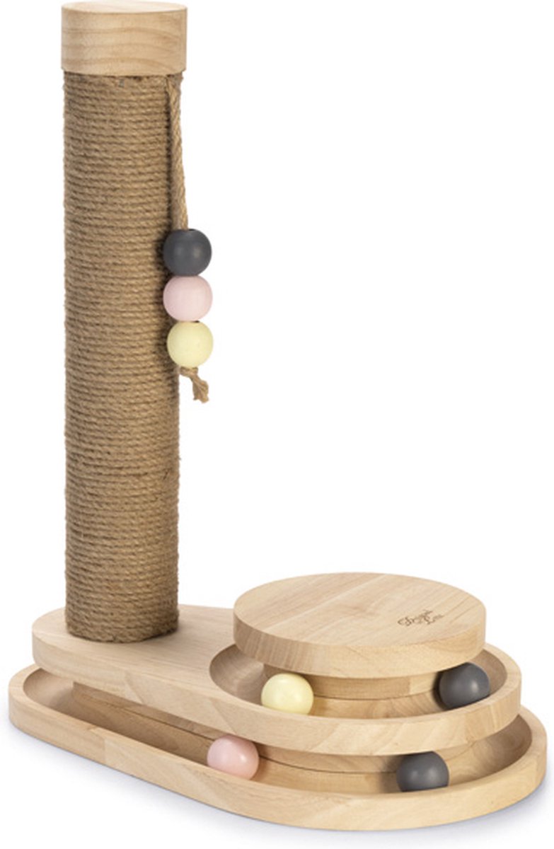 Entworfen von Lotte Inez Kratzbaum – Holz Jute – inkl. Spielturm mit Bällen – braun – 38 x 25,5 x 47,5 cm