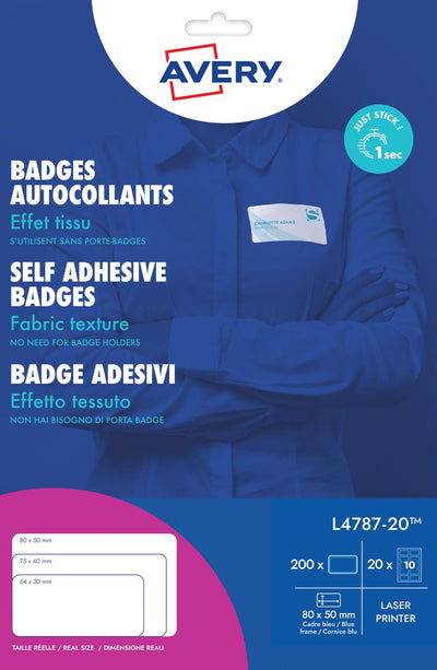 Avery Badge-Etikett, 50 x 80 mm, NP, 20 Blatt, 10 Etiketten pro Blatt, weiß, blau