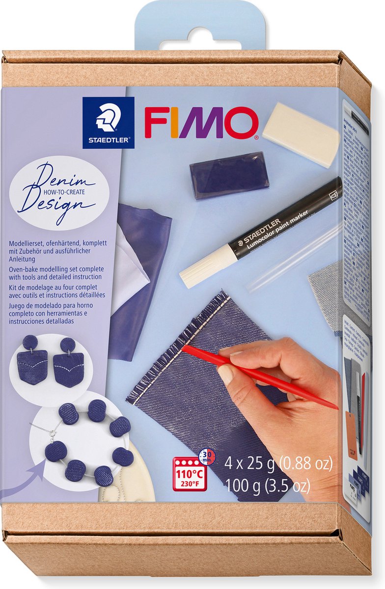 Fimo – ofenhärtende Modelliermasse – Anleitungsset – Jeans-Effekt