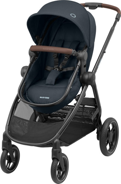 Maxi-Cosi Zelia³ Kinderwagen – Essential Graphite (schwarzer Rahmen + braunes Leder)