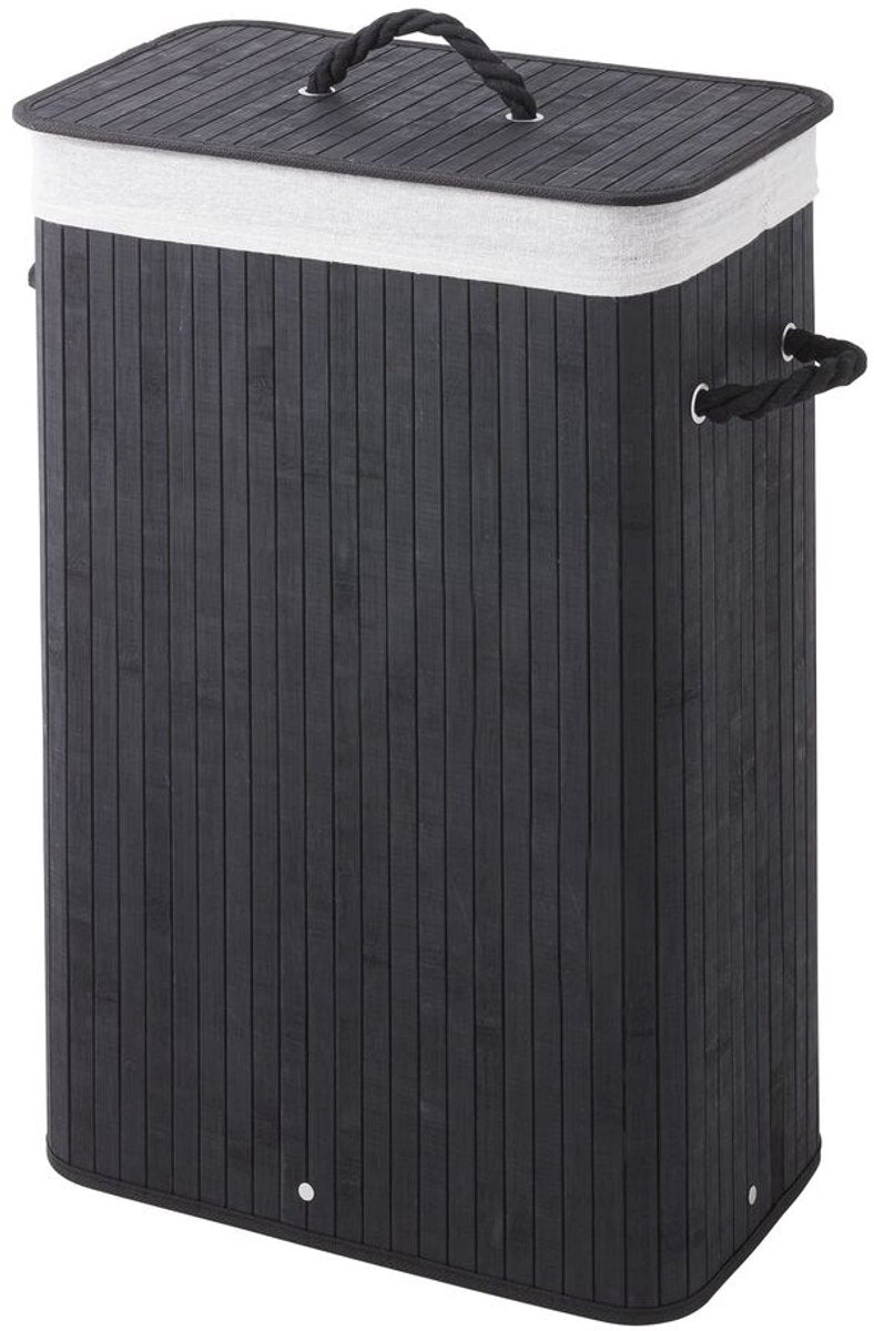 Sealskin Bambus – Wäschekorb aus Bambus mit Deckel – waschbarer Wäschesack aus Baumwolle – Griffe – 56 Liter – Maße 60 x 40 x 23,5 cm – Schwarz