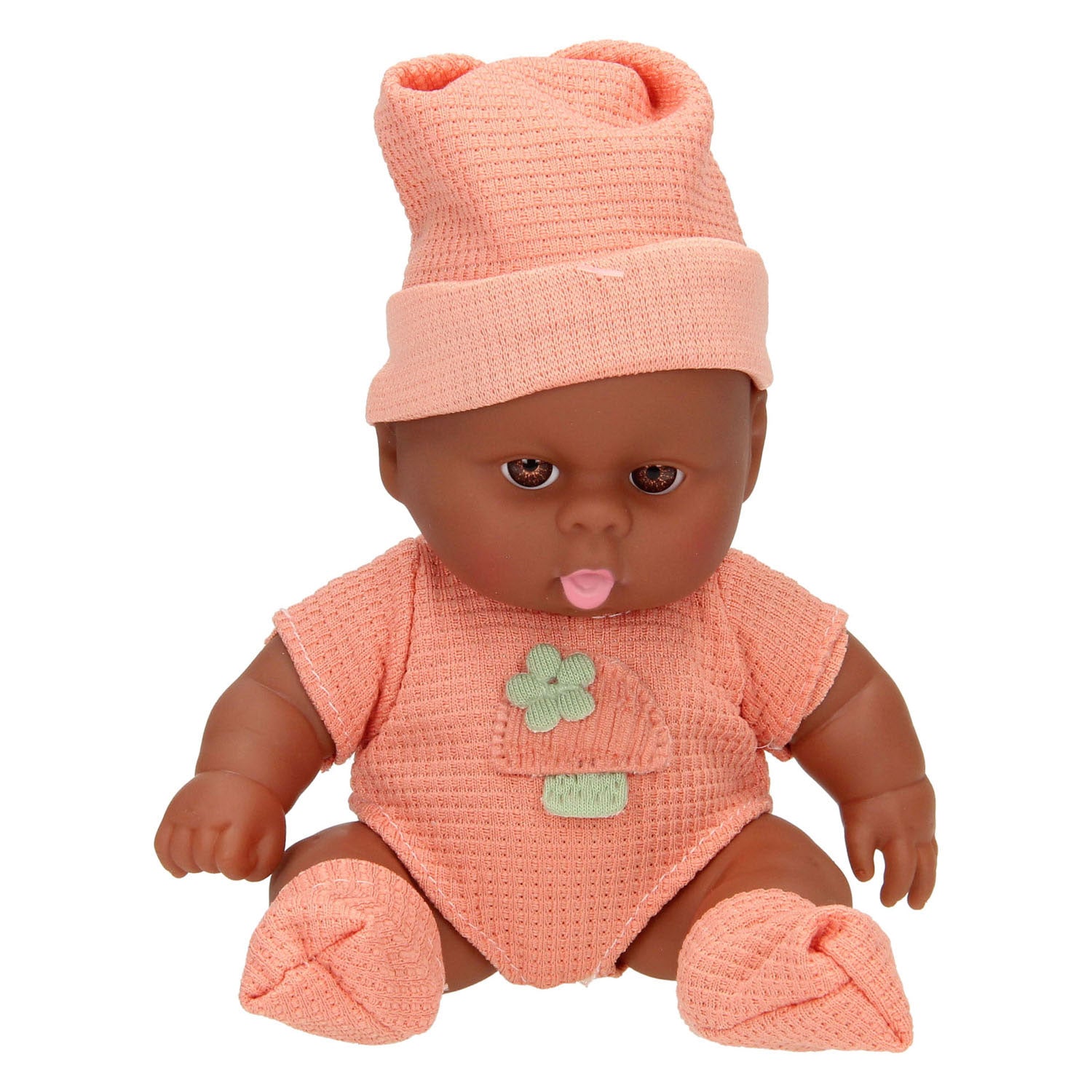 Babypuppe mit Waffelanzug und Mütze