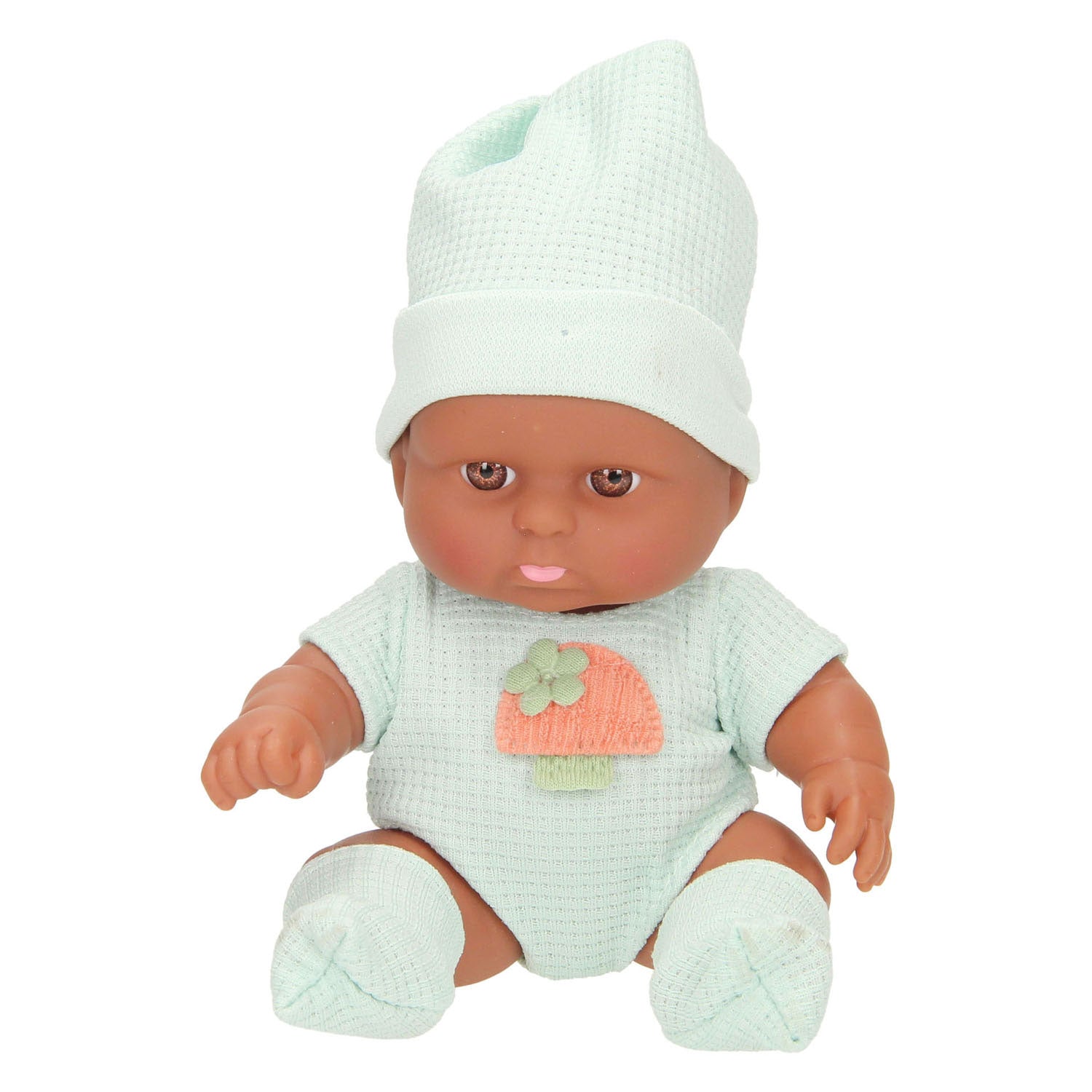 Babypuppe mit Waffelanzug und Mütze
