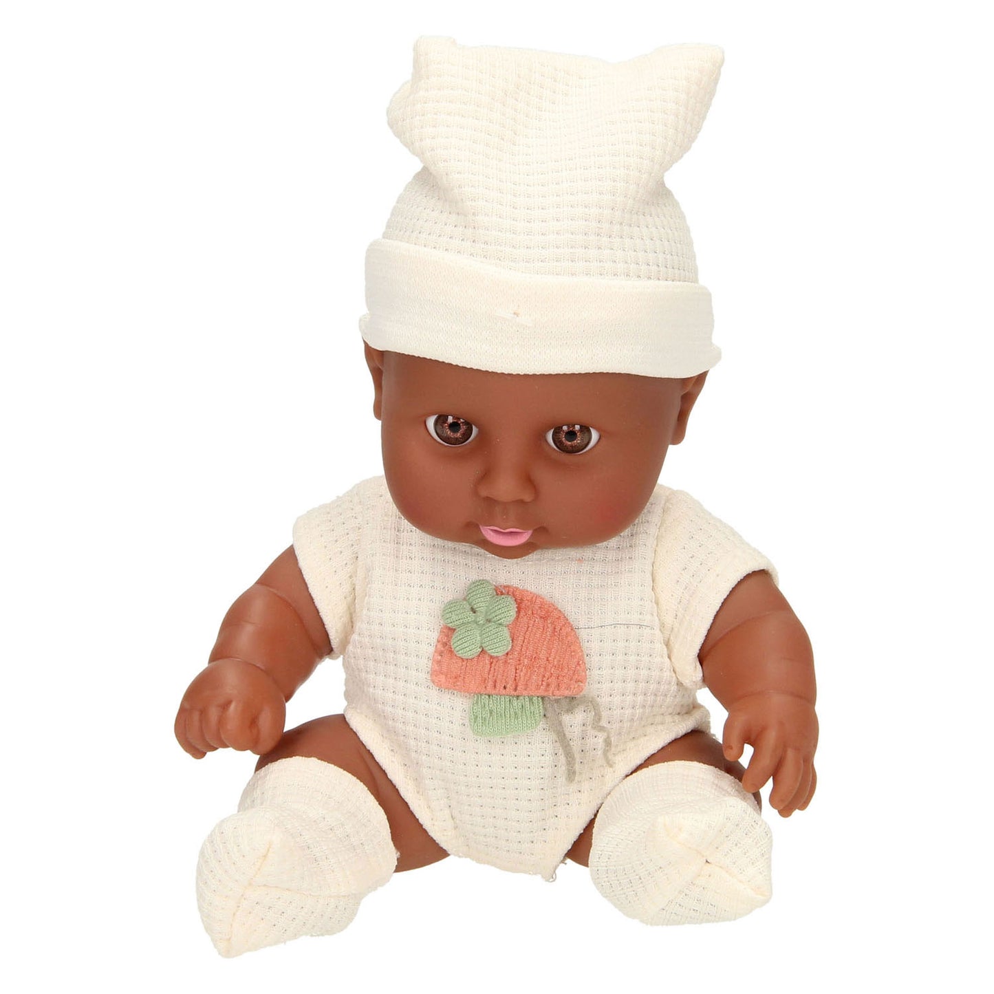 Babypuppe mit Waffelanzug und Mütze
