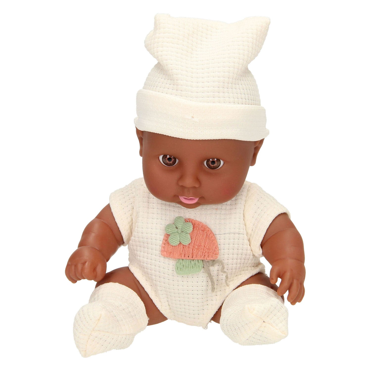 Babypuppe mit Waffelanzug und Mütze
