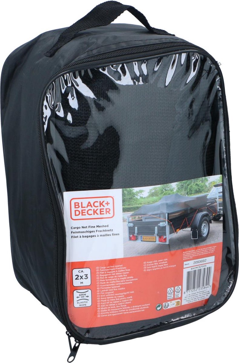 Black+decker Anhängernetz – 2 x 3 m – dehnbar, elastisch 8 mm – in Aufbewahrungstasche – schwarz