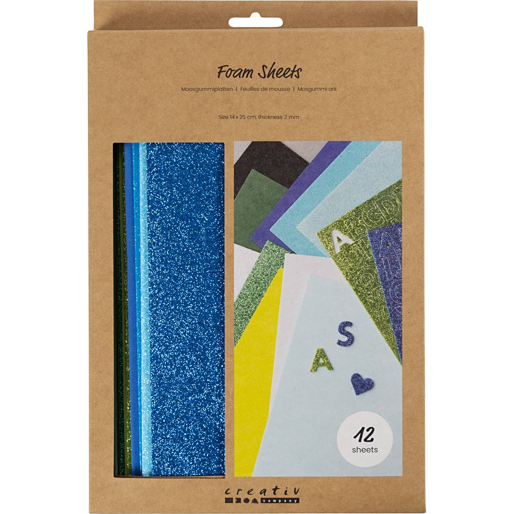 Schaumstoffplatten der Firma Creativ, Größe 14x25 cm, Stärke 2 mm, Blau-Grün-Harmonie, 12 Blatt 1 Karton