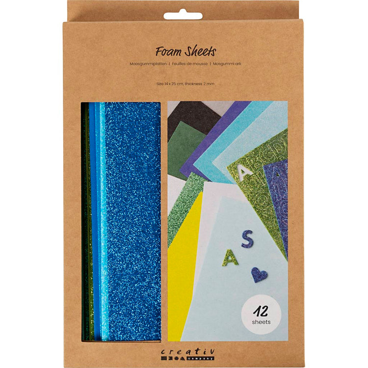 Schaumstoffplatten der Firma Creativ, Größe 14x25 cm, Stärke 2 mm, Blau-Grün-Harmonie, 12 Blatt 1 Karton