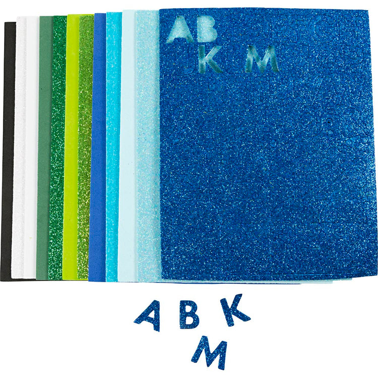 Schaumstoffplatten der Firma Creativ, Größe 14x25 cm, Stärke 2 mm, Blau-Grün-Harmonie, 12 Blatt 1 Karton