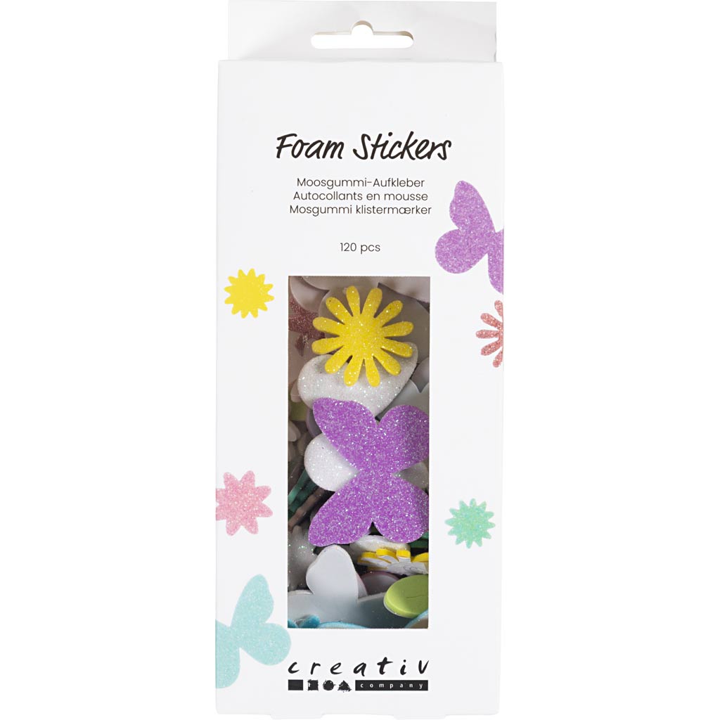Creativ Company Schaumstoffaufkleber, Schmetterling, Blume, Blatt, selbstklebend, Größe 9-43 mm, Pastellfarben, 120 Stück 1 Box