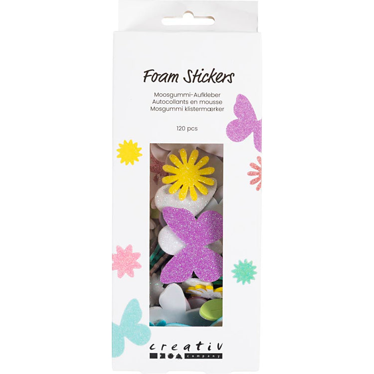 Creativ Company Schaumstoffaufkleber, Schmetterling, Blume, Blatt, selbstklebend, Größe 9-43 mm, Pastellfarben, 120 Stück 1 Box