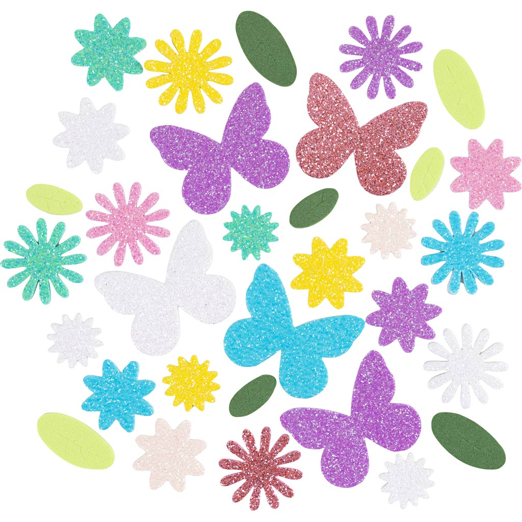 Creativ Company Schaumstoffaufkleber, Schmetterling, Blume, Blatt, selbstklebend, Größe 9-43 mm, Pastellfarben, 120 Stück 1 Box