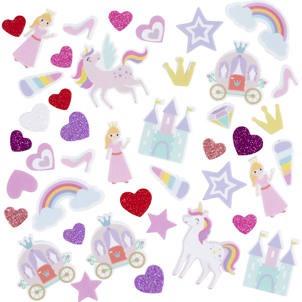 Creativ Company Schaumstoffaufkleber, Herz, Prinzessin, Einhorn, selbstklebend, Größe 13-50 mm, lila rosa Harmonie, 150 Stück 1 Box