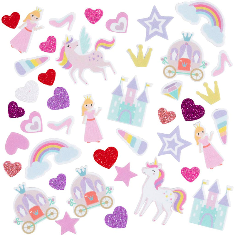 Creativ Company Schaumstoffaufkleber, Herz, Prinzessin, Einhorn, selbstklebend, Größe 13-50 mm, lila rosa Harmonie, 150 Stück 1 Box