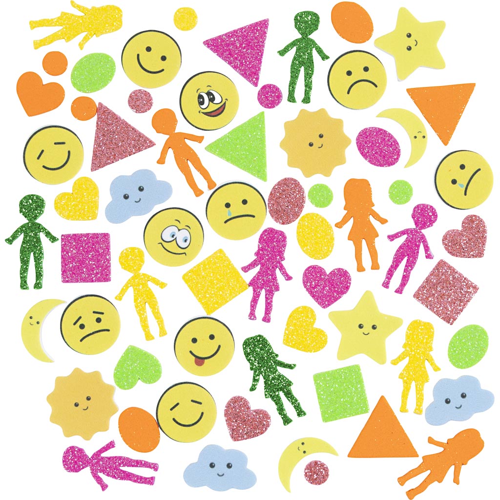Creativ Company Schaumstoffaufkleber, Geometrie, Menschen, Wetter, Smileys, selbstklebend, Größe 10-40 mm, bunt, 175 Stück 1 Box