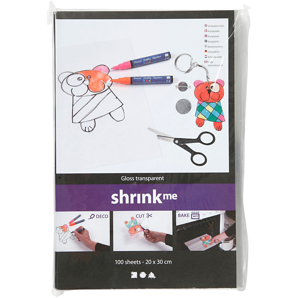 Creativ Company Schrumpffolienblätter, Blatt 20x30 cm, Stärke 0,3 mm, transparent glänzend, 100 Blatt 1 Karton