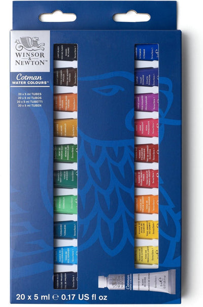Winsor Newton 0390665 Cotman Aquarellfarben-Set – Einsteigerset 20 x 5 ml – Essentielle Aquarellfarben mit hochwertigen Pigmenten