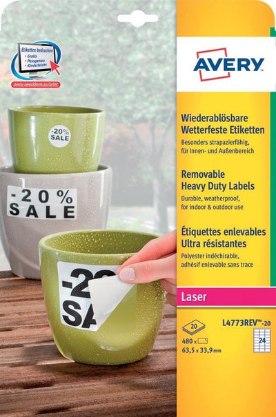 Avery wiederklebende Polyester-Etiketten, 63,5 x 33,9 mm, weiß