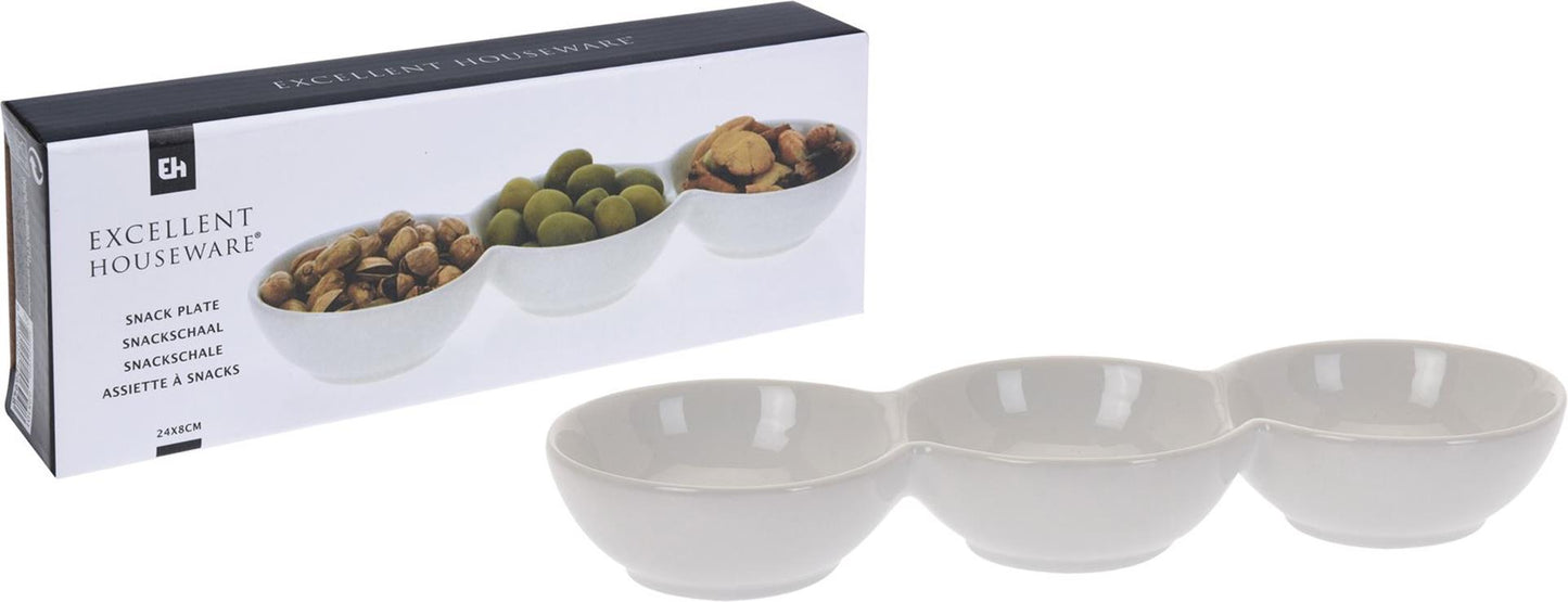 Excellent Houseware Snackschale aus Porzellan, 3 Fächer, 24 x 8 x 3 cm
