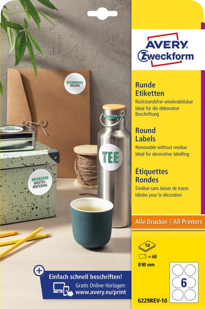 Avery Zweckform runde Etiketten | Durchmesser 80 mm | weiß | abnehmbar | 60 Etiketten | 10 Blatt