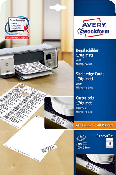 Avery Regalkarten 105 x 38 mm, 170 g, weiß, 25 Blatt, 14 Karten pro Blatt
