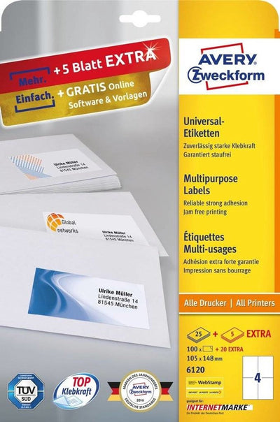 Avery Zweckform 6120 – Etiketten – weiß – A6 (105 x 148 mm) – 100 Etikett(en) (6120)