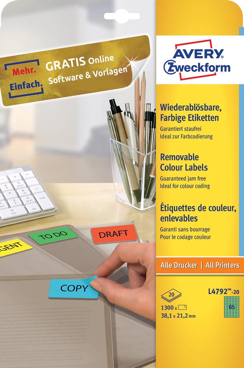 Laseretikett Avery 38 – 1 x 21 – 2 mm, 20 Blatt, 65 Etiketten pro Blatt, grün