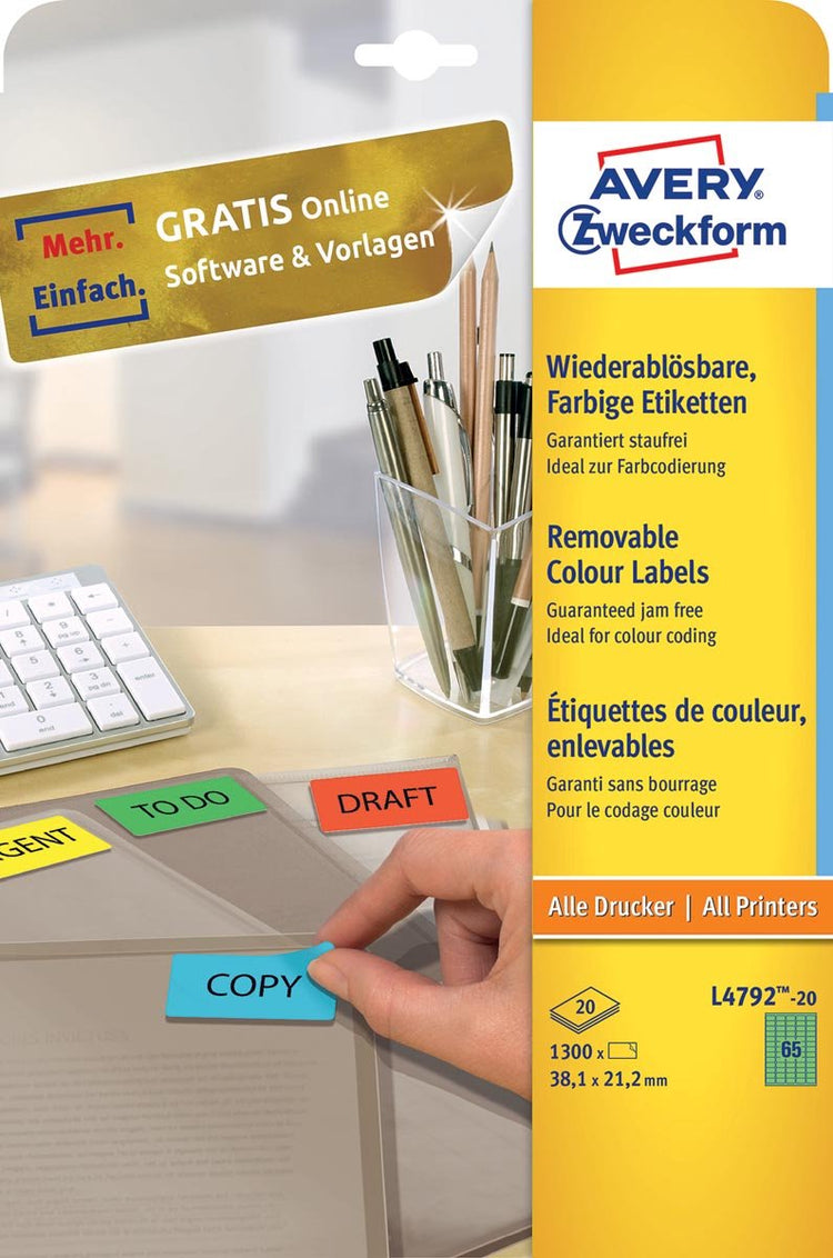 Laseretikett Avery 38 – 1 x 21 – 2 mm, 20 Blatt, 65 Etiketten pro Blatt, grün