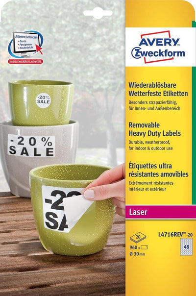 Avery abnehmbare, wetterfeste Etiketten, Durchmesser 30 mm, weiße Box mit 960 Etiketten