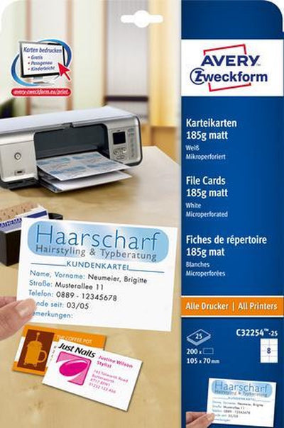 Avery Systemkarte 105 x 70 mm, 185 g, weiß, 25 Blatt, 8 Karten pro Blatt