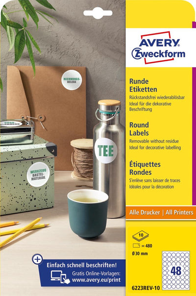 Avery Zweckform runde Etiketten | Durchmesser 30 mm | weiß | abnehmbar | 480 Etiketten | 10 Blatt