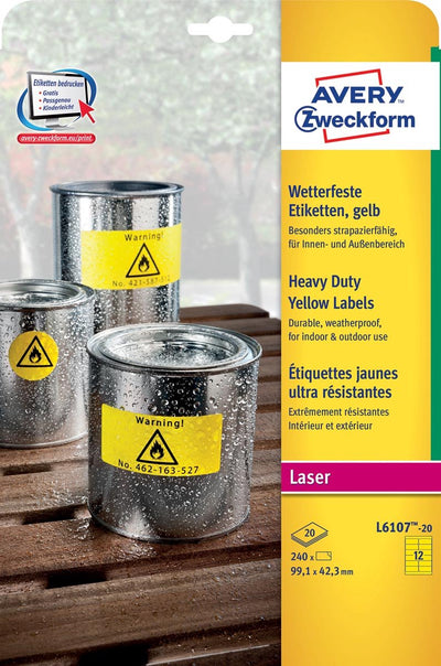 Wasserdichte Etiketten Avery L6107-20 gelb 99,1 x 42,3 mm