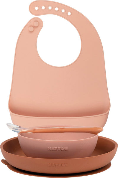 Nattou 4-teiliges Geschirrset aus Silikon mit Bavet für Kinder – Teller + Schüssel + Löffel – Rosa